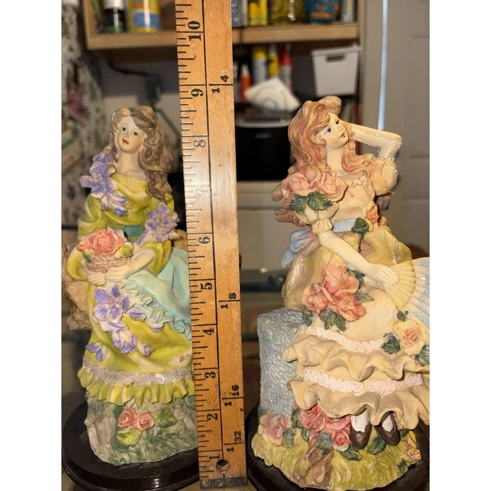 Vintage Victorian Style Lady Figurines Set 2pc Floral Dress Statue Decor 8